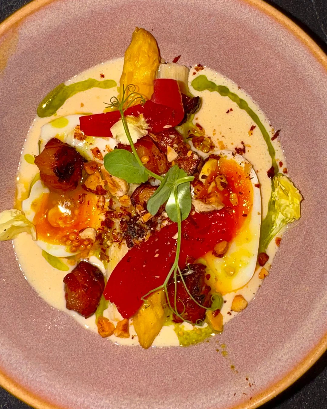 Détail d’une assiette creuse rose au dressage coloré, huile verte et pousse au centre